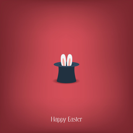 Happy Easter postcard design. Bunny ears in magician or illusionist hat. Hiding rabbit, red background.のイラスト素材