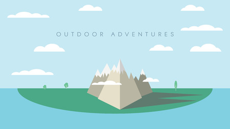 Outdoor adventures concept background with high mountains and trees on island. Modern flat design polygonal illustration, long shadows.のイラスト素材