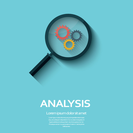 Business Analysis symbol with magnifying glass icon and gears. Long shadow flat design.