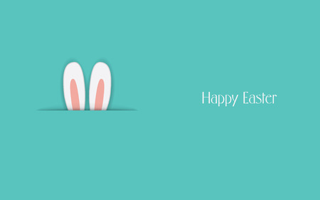 Adorable Happy Easter postcard template with bunny hiding and ears sticking out. Cartoon childish drawing isolated on background.のイラスト素材