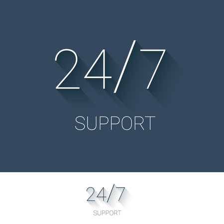 24/7 support and service for customers button. Modern material flat design, thin line icon. 24 hours, 7 days symbol.のイラスト素材