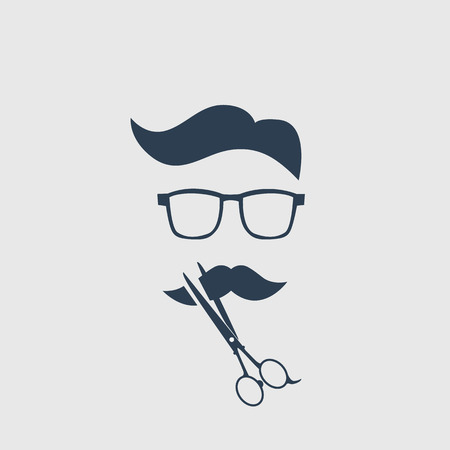 Barber shop or haridresser symbol in modern vintage style with hipster gentleman and scissors. Shop label, badge.のイラスト素材