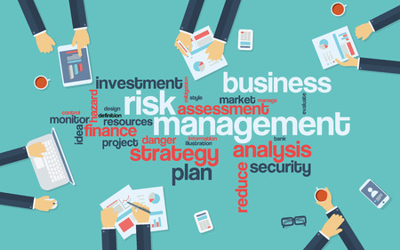 Risk management infographics poster with businessmen working around the word cloud. Analysis and planning keywords. Office objectsのイラスト素材