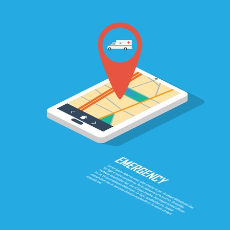 Emergency infographic template with location pin for gps. Smartphone technology in modern isometric flat design.のイラスト素材