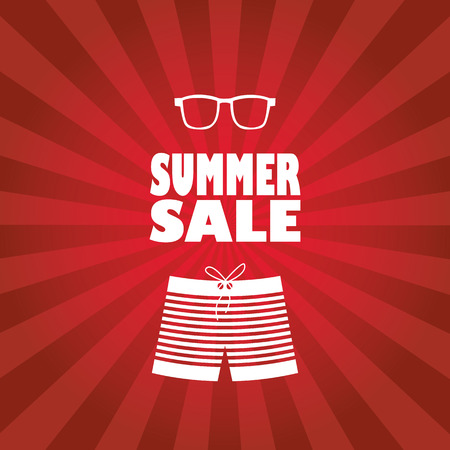 Summer sale poster with man shorts and sunglasses. Red rays stripes background flyer for promotion, advertising.のイラスト素材