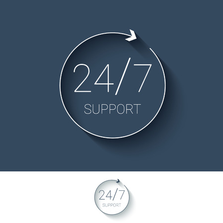 24/7 support and service for customers button. Modern material flat design, thin line icon. 24 hours, 7 days symbol.のイラスト素材