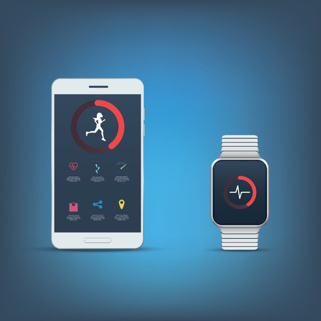 Fitness tracker application user interface kit. Set of icons for sport monitoring with smartphone or smartwatch. Girl woman runner symbol.のイラスト素材