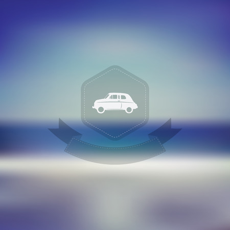 Summer beach background turquoise sea and blue sky with vintage hue. Sandy poster or card. Symbol of plane on hexagonal badge and ribbon. Eps10 vector illustration.のイラスト素材