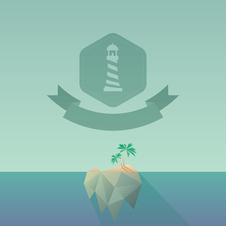 Low poly tropical island with long shadow. Modern polygonal design, vintage colors and geometric shapes. Hexagon badge with ribbon.  vector illustration.のイラスト素材