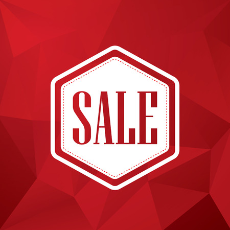 Sale discounts poster or flyer,  white text on red low polygonal background. Hexagonal badge with vintage typography.  vector illustration.のイラスト素材
