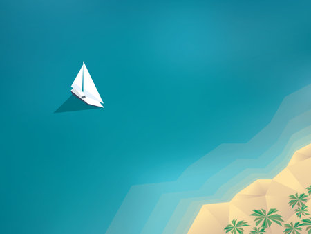 Summer holiday background with yacht sailing to a sandy beach on tropical island. Low polygonal design.  vector illustration.のイラスト素材