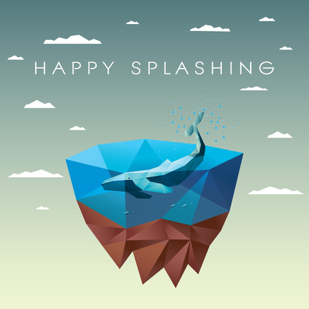 Polygonal whale in sea on floating island. Low poly ecology environmental design to save and protect nature. vector illustration.のイラスト素材