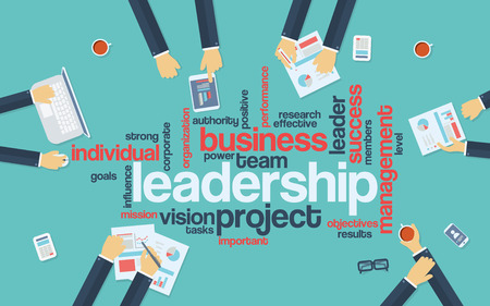 Leadership concept infographics. Word cloud with keywords for business leader. Businessmen on board meeting.  vector illustration.のイラスト素材