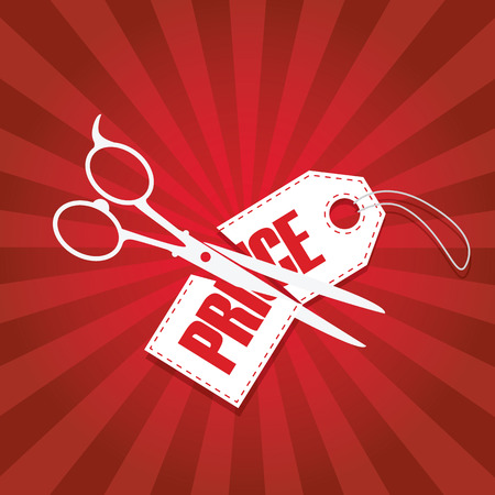 Price cut reduction poster design with scissors and pricetage in half. Red gradient rays background.  vector illustration.のイラスト素材