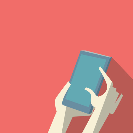 Hands holding smartphone. Fingers touching screen. Low polygonal design with long shadow. Eps10 vector illustration.のイラスト素材