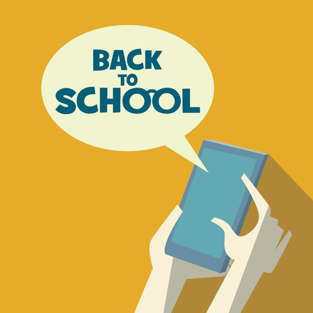 Back to school background. Modern technology flat design. Learn online concept. Hands holding smartphone. のイラスト素材