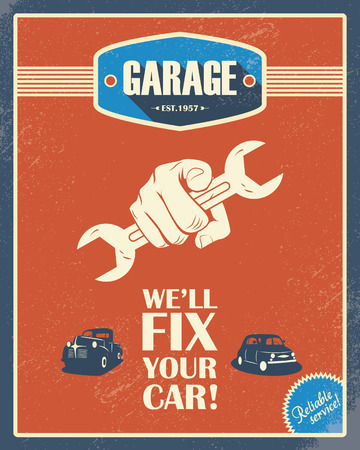 Classic garage poster. Vintage cars. Retro style design. Grunge background. Long shadow font. Automotive repair shop. のイラスト素材