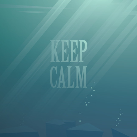 Underwater calm. Keep calm motivational poster. Deep blue sea illustration. Sun rays or beams through water.のイラスト素材