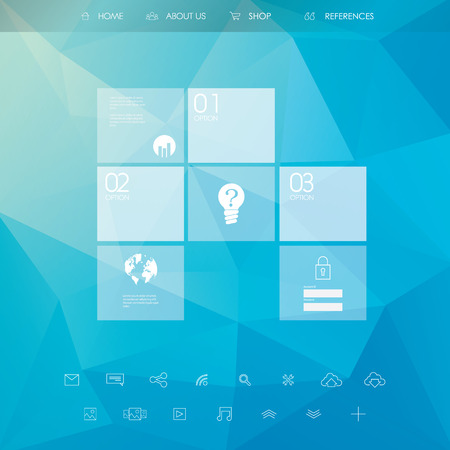 Website template with basic menu. Line art icons. Low poly blue vector background. Graphic user interface symbols. Eps10 vector illustration.のイラスト素材