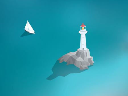 Lighthouse in ocean. Low poly design building. Sea scenery with yacht or sailing boat. Eps10 vector illustration.のイラスト素材