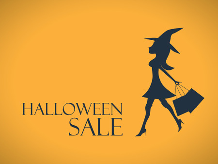 Halloween sale background. Elegant, sexy witch with shopping bags. Special offers advertising. Eps10 vector illustration.のイラスト素材