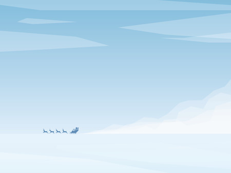 Santa Claus riding sleigh with reindeer. Minimalistic artistic Christmas card template. Simple white holiday postcard. のイラスト素材