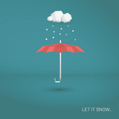 Christmas snowing card. Red umbrella and falling snowflakes. Holiday postcard template. Eps10 vector illustration.のイラスト素材