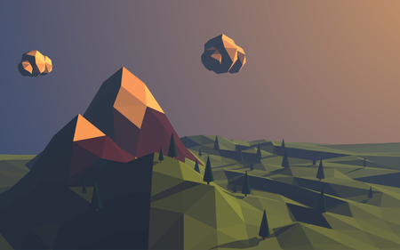 Low poly mountains landscape vector background. Polygonal shapes peaks with snow on top and trees around. Sunset wallpaper.のイラスト素材