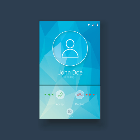 Mobile ui template with calling screen on blue low poly background. White line icons for smartphone user interface application. vector illustration.のイラスト素材