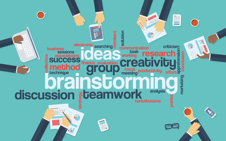 Brainstorming word tag cloud with keywords and business hands around table. Business background creativity concept. Eps10 vector illustration.のイラスト素材