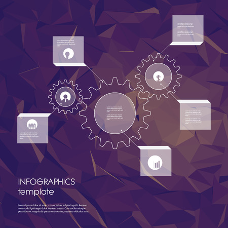 Infographics template with business icons and gears as a symbol of industry and engineering. Statistics data presentation. Menu options on low poly polygonal background. Eps10 vector illustration.のイラスト素材