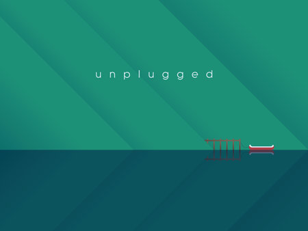 Mountain lake landscape vector background with canoe attached to a pier. Pure, tranquil, calm...