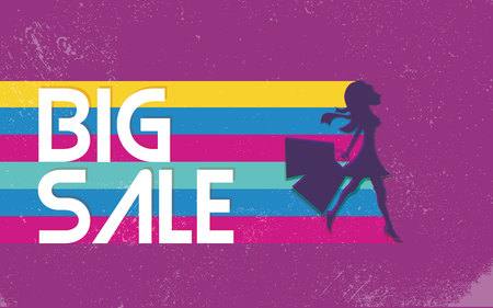 Big sale poster with woman shopping for fashion clothes.のイラスト素材