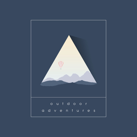 Outdoor adventure symbol with mountains landscape silhouette and hot air balloon flying above.のイラスト素材