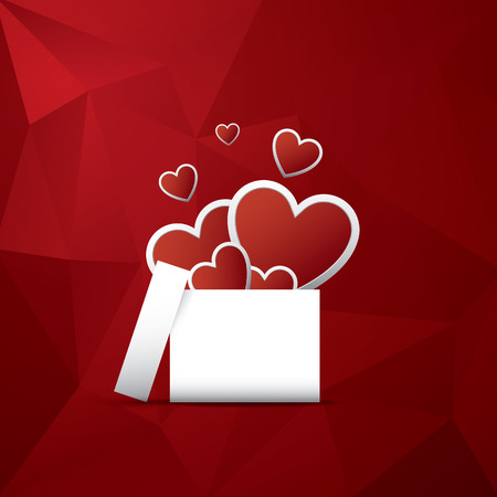 Valentine's day card concept with presents or gifts and hearts flying out. Red low poly background.のイラスト素材