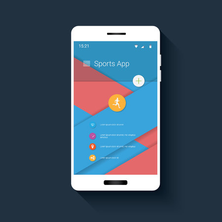 Fitness tracker mobile user interface with icons for sport monitor app. Smartphone gui on red, blue material design layers background. Eps10 vector illustration.のイラスト素材