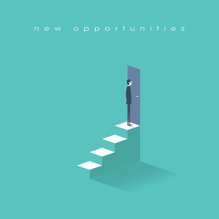 New opportunities concept vector background with businessman standing in front of door on top of stairs. Career ladder conceptual illustration. Eps10 vector illustration.のイラスト素材