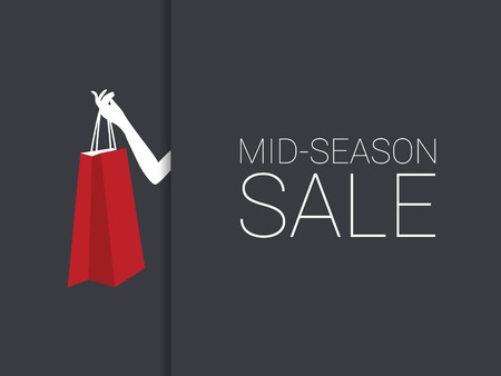 Mid season sale poster with woman hand holding red shopping bag. Discounts promotion banner. Eps10 vector illustration.のイラスト素材