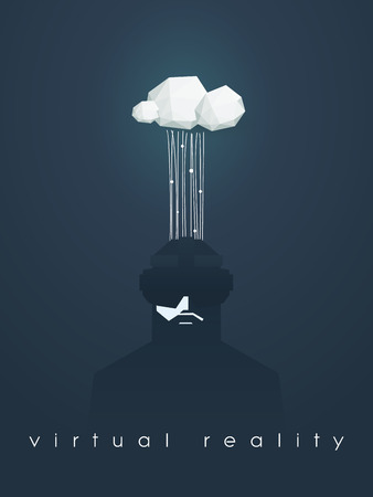 Virtual reality concept vector illustration with man and headset. Data flow to cloud. Eps10 vector illustration.のイラスト素材