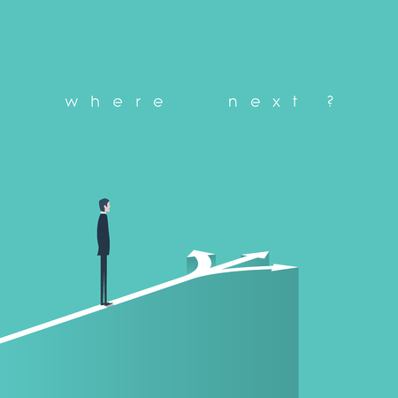 Business decision concept illustration. Businessman standing in front of arrows as symbol for choice, career path or opportunities.のイラスト素材