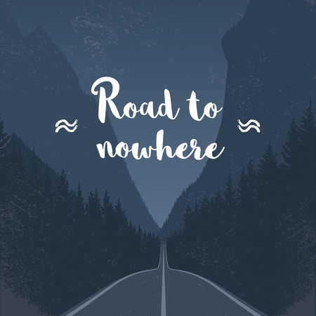 Emtpy road to nowhere concept in the middle of the forest leading to horizon between mountains. Dark night woods scenery.のイラスト素材