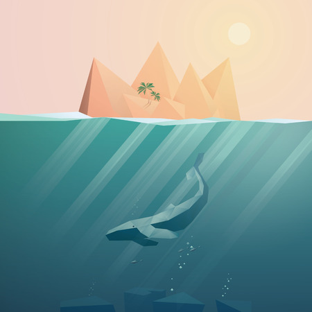 Summer background with underwater seascape scene and sunbeams in the ocean. Whale and tropical island elements.のイラスト素材