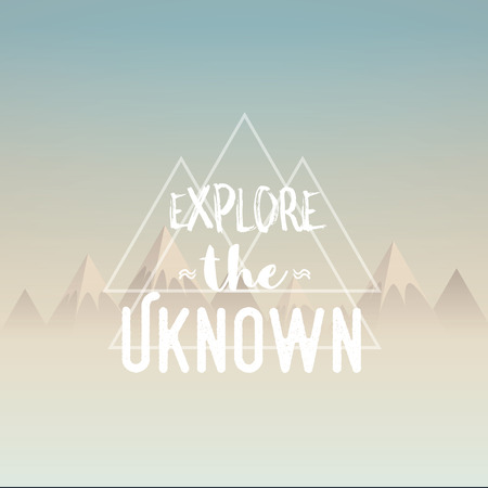 Explore the unknown concept illustration. Polygon mountains landscape in morning haze with retro typography quote. Symbol of adventure, exploration and travelling.のイラスト素材