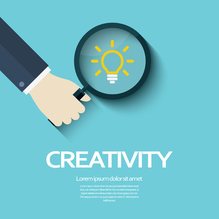 Creativity concept illustration with magnifying glass and light bulb as symbol of ideas. Brainstorm and marketing activity.のイラスト素材