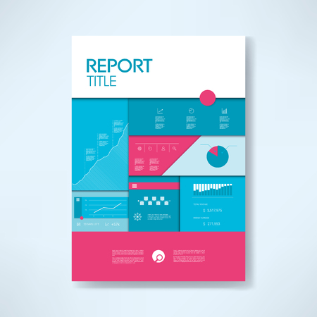 Annual report cover template with business icons and elements. Pie chart, graphs, infographics layout.  illustration.のイラスト素材