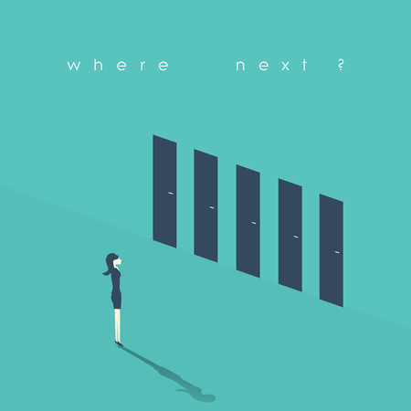 Businesswoman standing in front of doors as symbol for choice, career path or opportunities. Business decision concept illustration.のイラスト素材