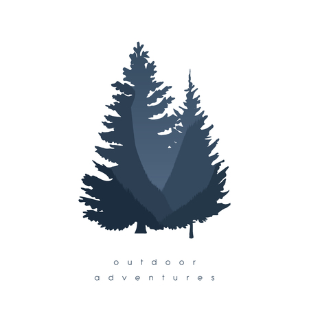 Forest illustration with double exposure of trees and canyon in background. Nature wallpaper or symbol.のイラスト素材