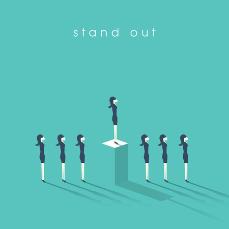 Business woman standing out from the crowd. Businesswoman and concept of equality or inequality in professional corporate work.のイラスト素材