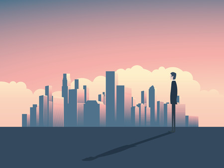 City skyline panorama illustration with businessman watching. City skyline corporate world. Skyline of a city for business background. Cityscape skyline with skyscrapers. City skyline banking symbol.のイラスト素材