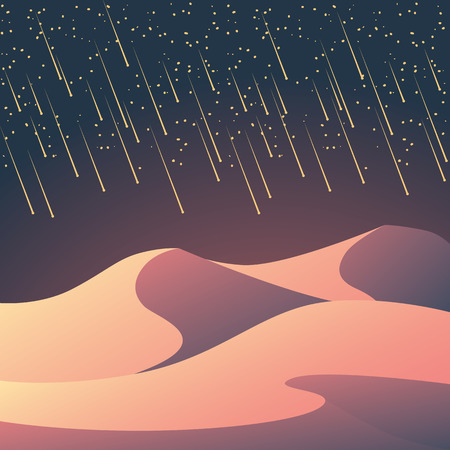 Desert landscape with meteor shower on the night sky. Romantic natural wallpaper for sci-fi or fantasy background.のイラスト素材
